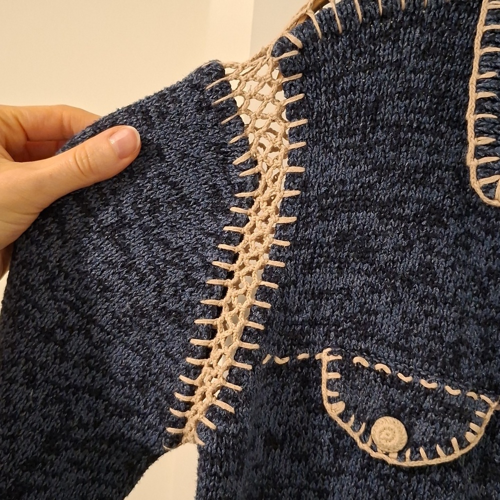 Vintage Blue Polo-neck Cardigan with Cream Crochet & Blanket Stitch (Size S) - Picture 5 of 10